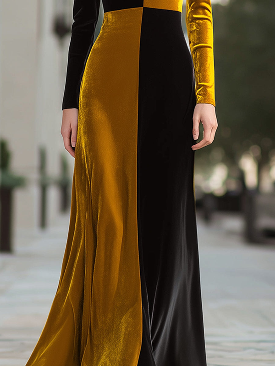 Black And Gold Velvet Colorblock Evening Gown