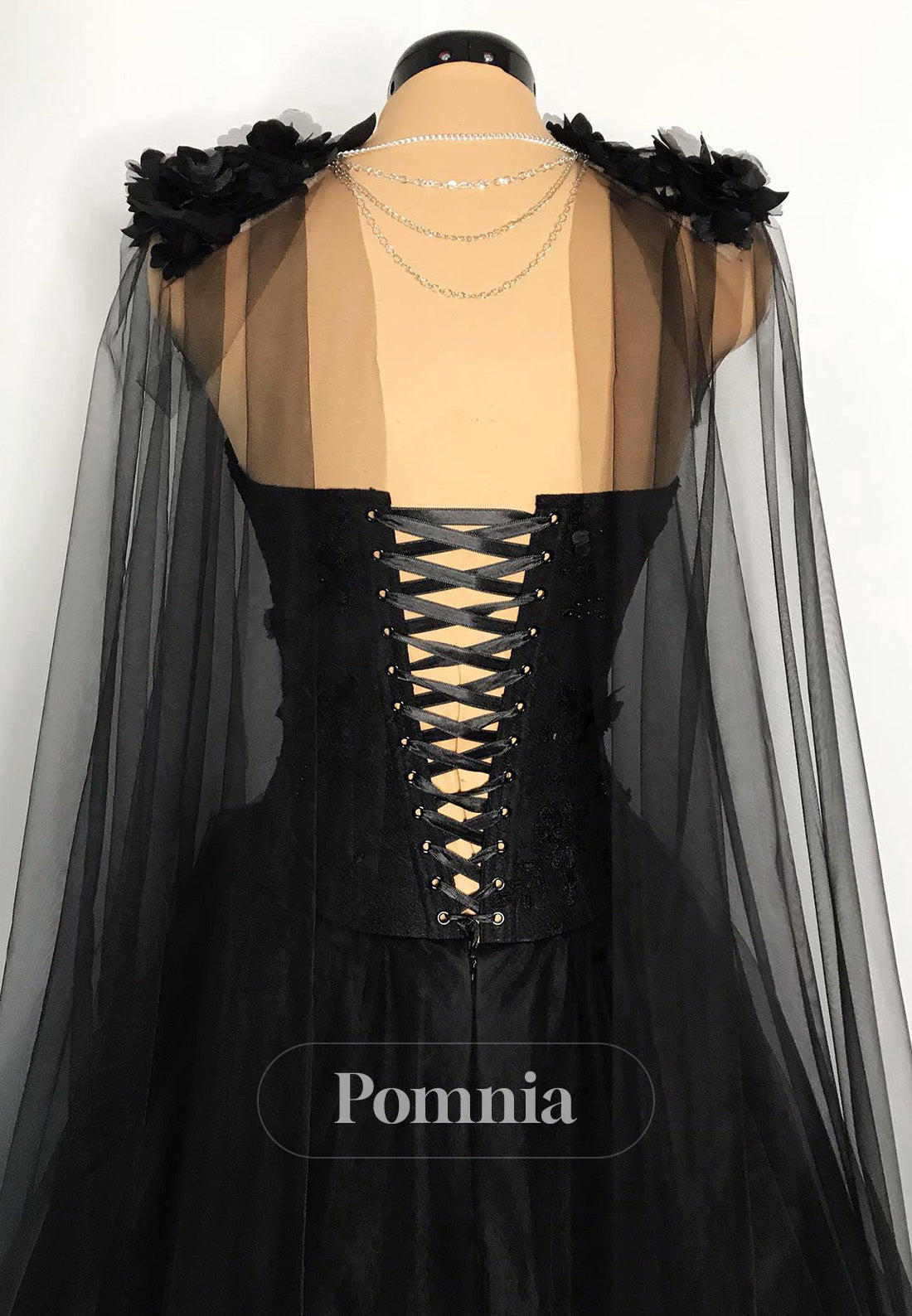 Black Sweetheart Cape Lace-Up Back A-Line Wedding Dress