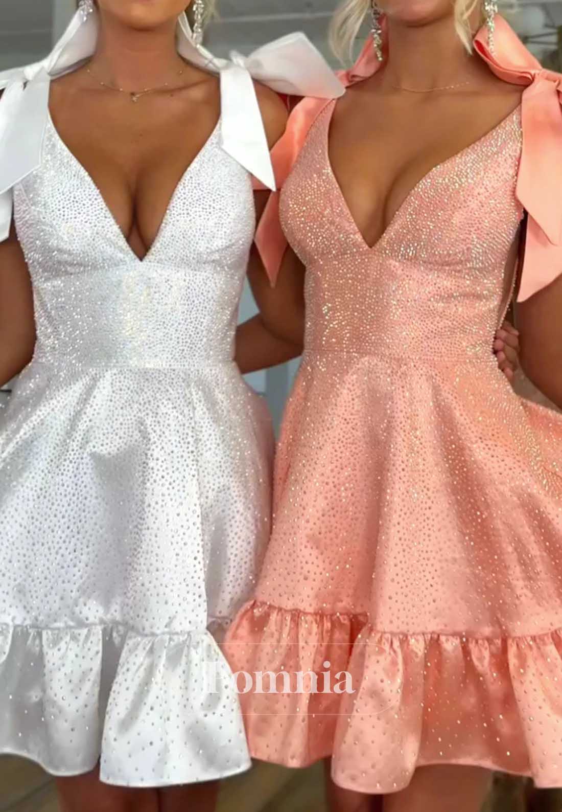 Spaghetti Straps V-Neck Bowknot Sequins Homecoming Dress