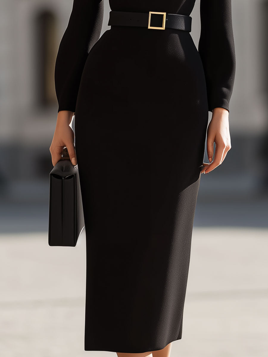Timeless Fitted Dress With Wrap Belt In Classic Bla
