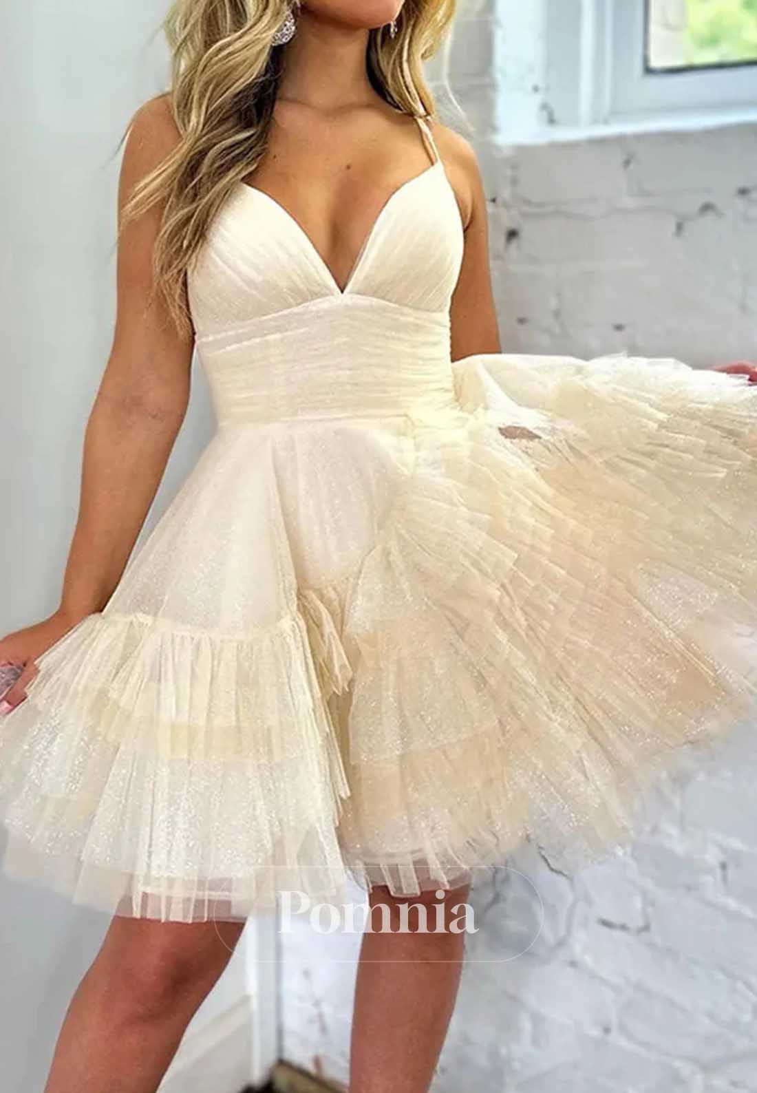 A-Line Spaghetti Straps V-Neck Ruffles Homecoming Dress