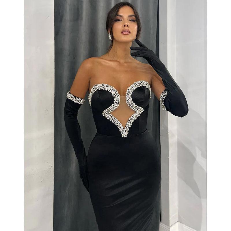 Sheath Strapless Beaded Satin Pleats Long Sleeves Prom Dress