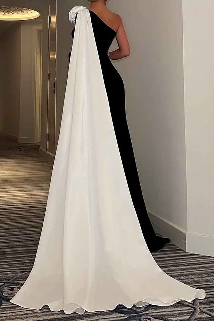 3D Flower Decor Skew Neck Colorblock Gowns Maxi Cape Dress