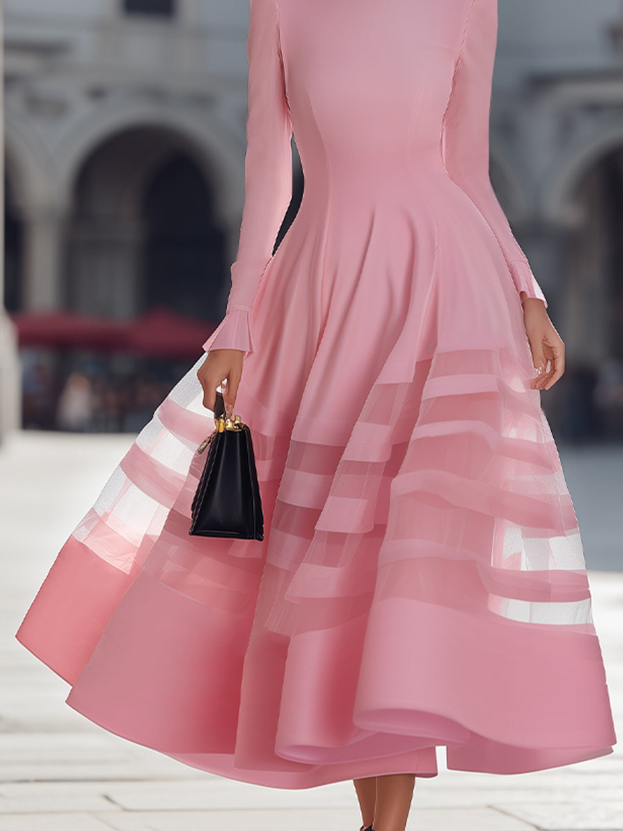 Elegant Sheer Panel Flared Midi Dress