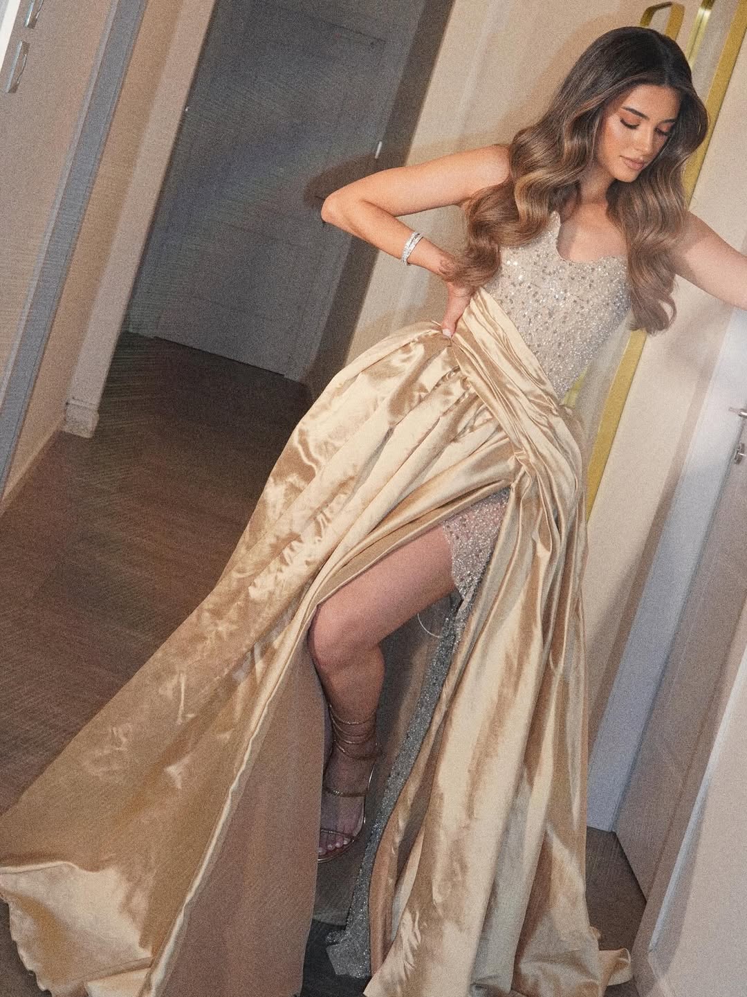 Strapless Sleeveless Long A-Line Pleated Prom Dress With Sequins And Split