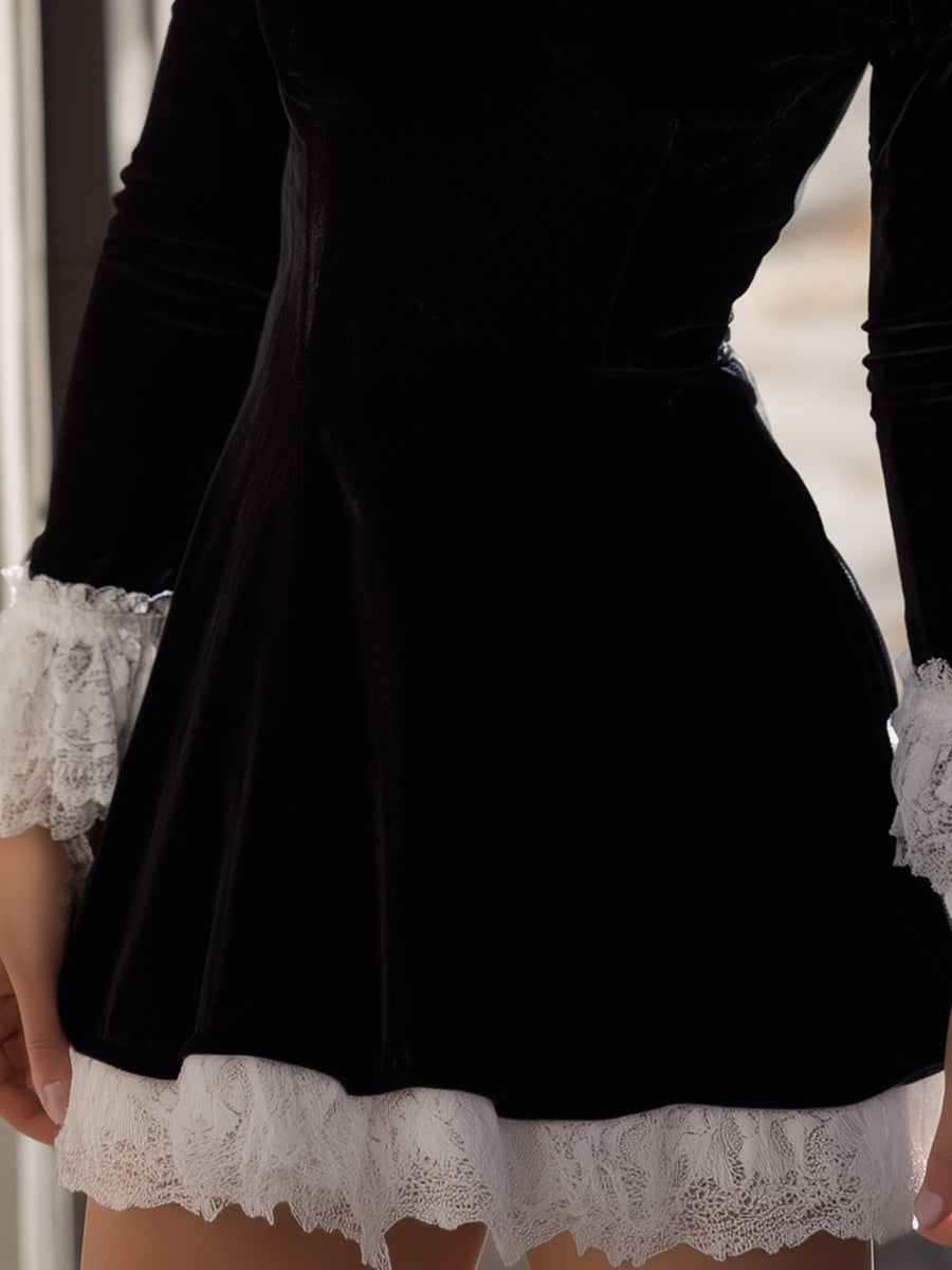 Black Velvet Mini Dress With Lace Trims