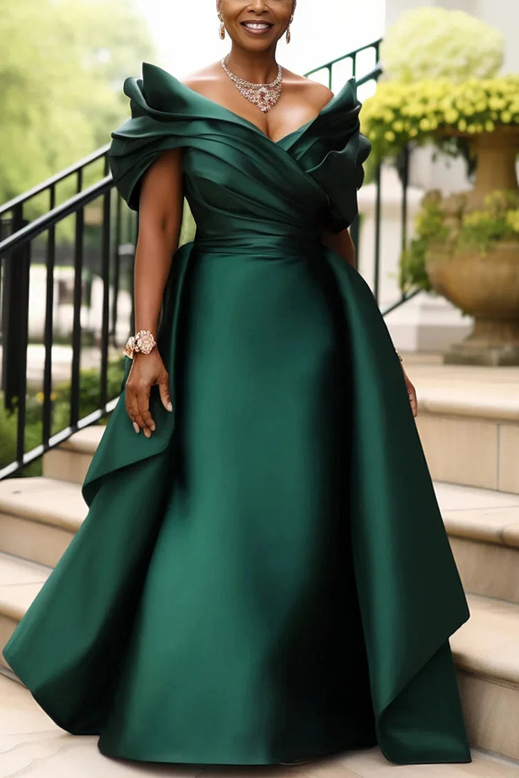 Formal Champagne V Neck Short Sleeve Peplum Satin Maxi Dress