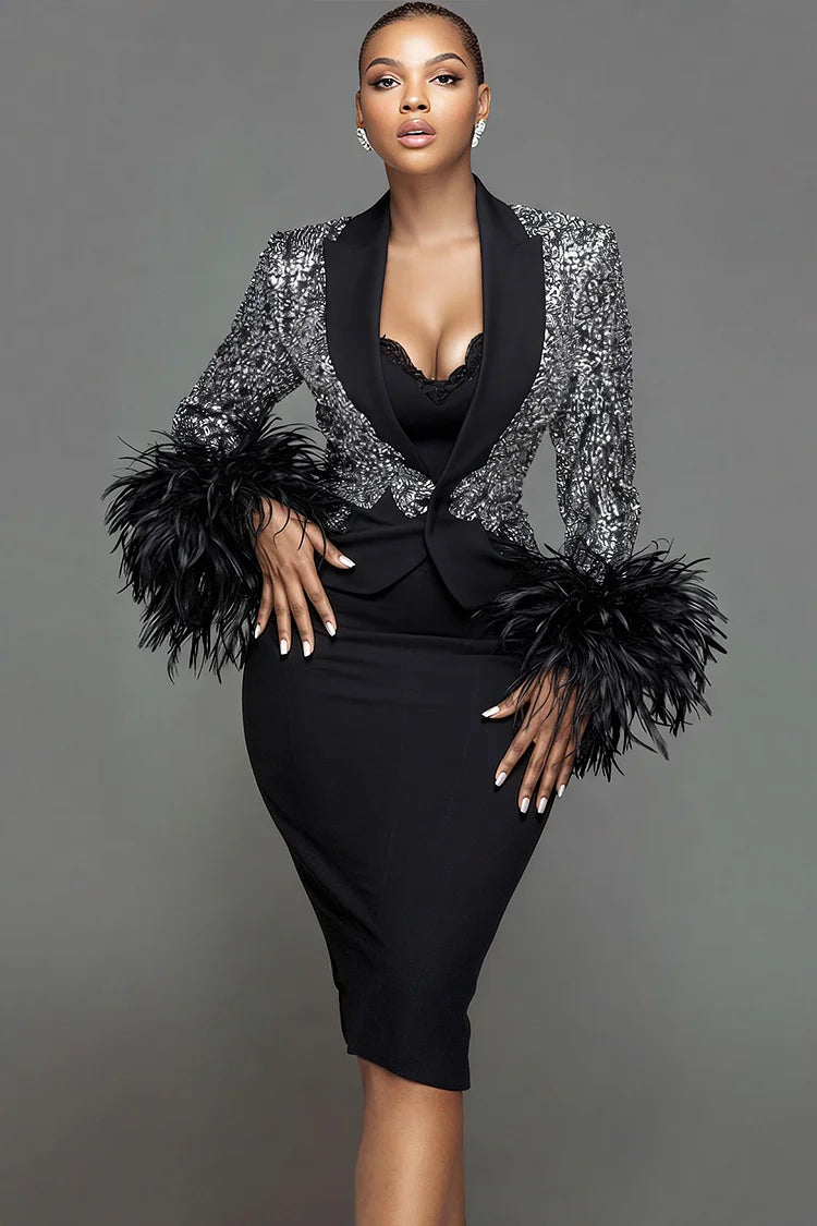 Cocktail Party Black V Neck Long Sleeve Feather Dress