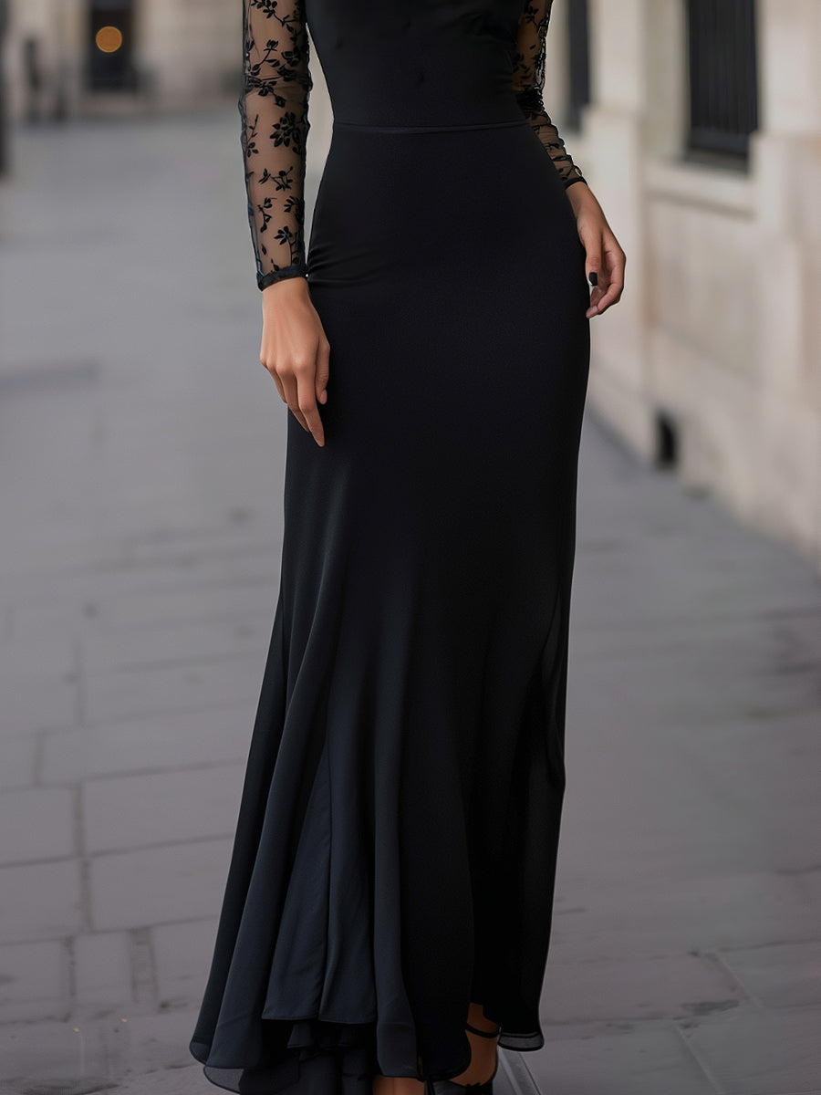 Embroidered Sheer-Panel Evening Gown