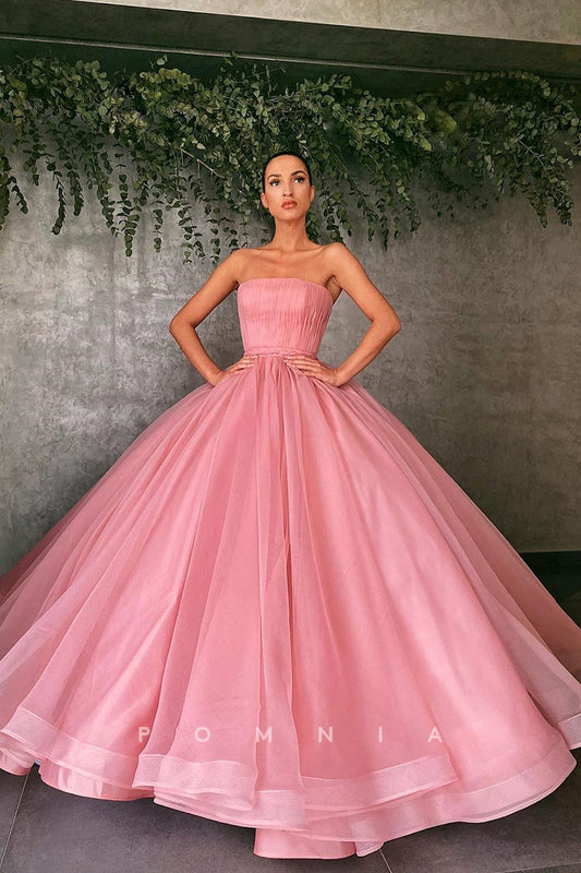 P1002 - Strapless Scoop Pleated Sleeveless Ball Gowns Prom Formal Party Dress