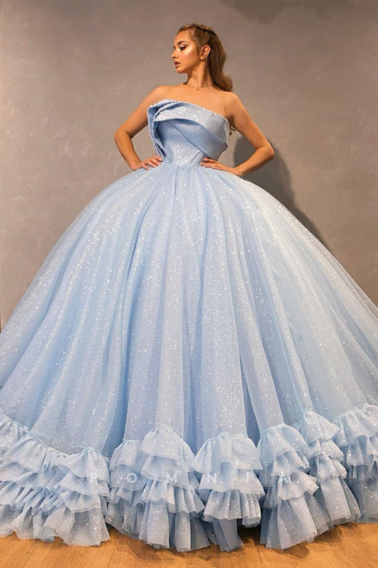 P1003 - Off-Shoulder Pleated Sleeveless Ruffles Ball Gowns Prom Formal Party Dress