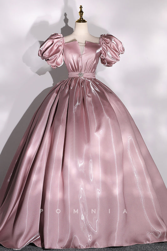 P1008 - Elegant Deep V-Neck Pleated Short Sleeves Prom Party Princess Dress