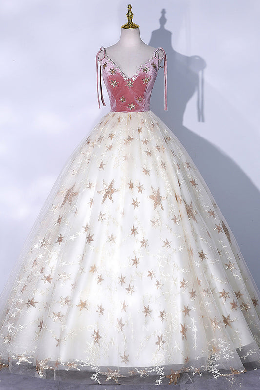 P1013 - Classic V-Neck Sleeveless Stars Tulle Prom Party Formal Dress