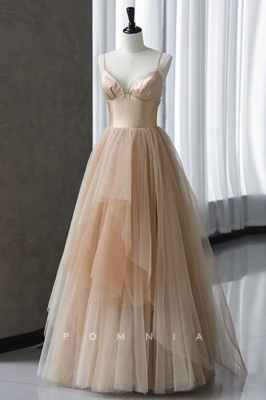 P1016 - A-Line Spaghetti Straps V-Neck Tiered Tulle Prom Formal Party Dress