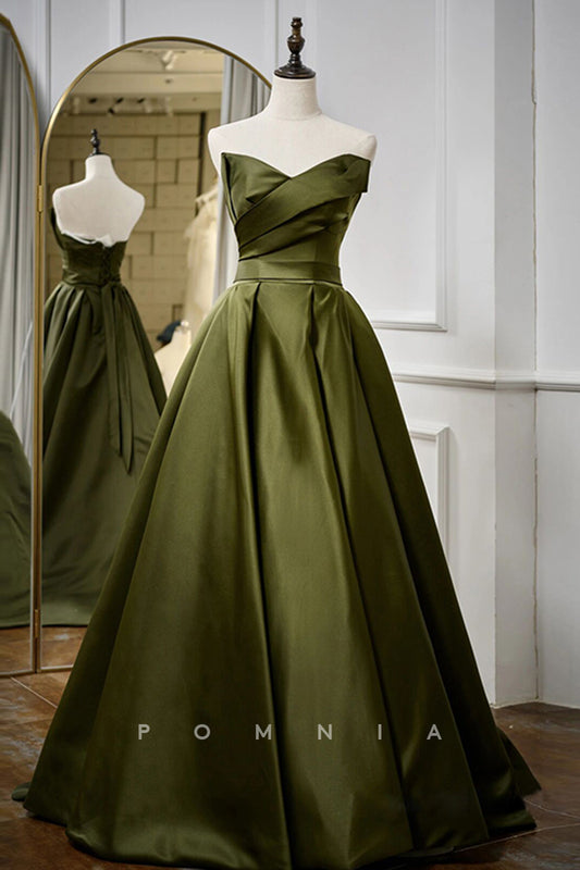 P1017 - Elegant Strapless V-Neck A-Line Pleats Satin Prom Formal Party Dress
