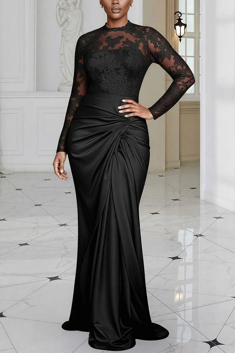 Formal Lace Black Round Neck Long Sleeve Fold Satin Maxi Dress
