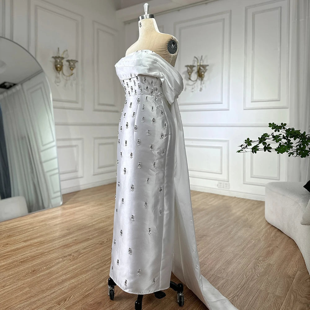 Blue Beaded Crystal Ankle-Length Mermaid Satin Evening Dress Gown for Party