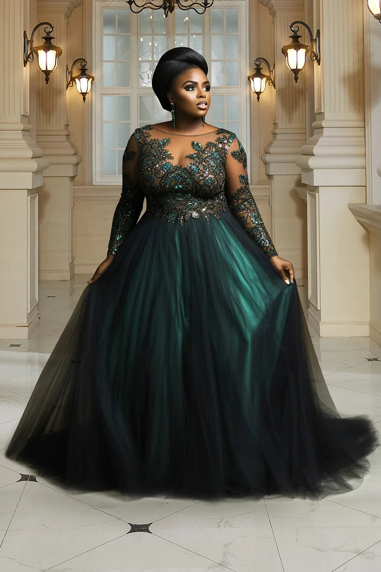 Evening Gowns Green Long Sleeve Tulle Maxi Dresses