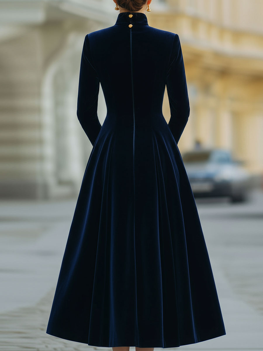 Luxe Navy Velvet A-Line Dress With Gold Accents
