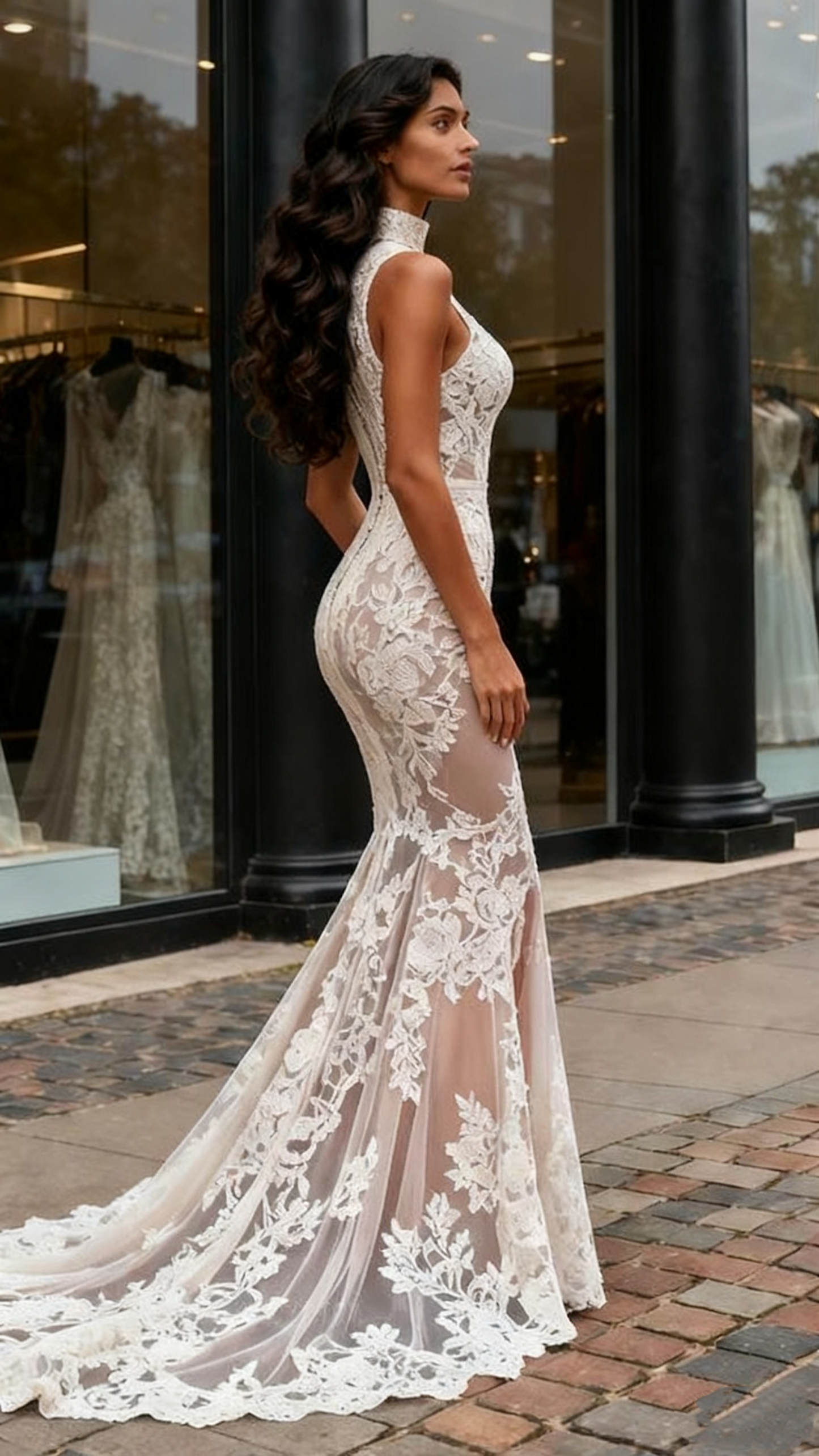 Champagne Backless Mermaid High Neck Lace Wedding Dress