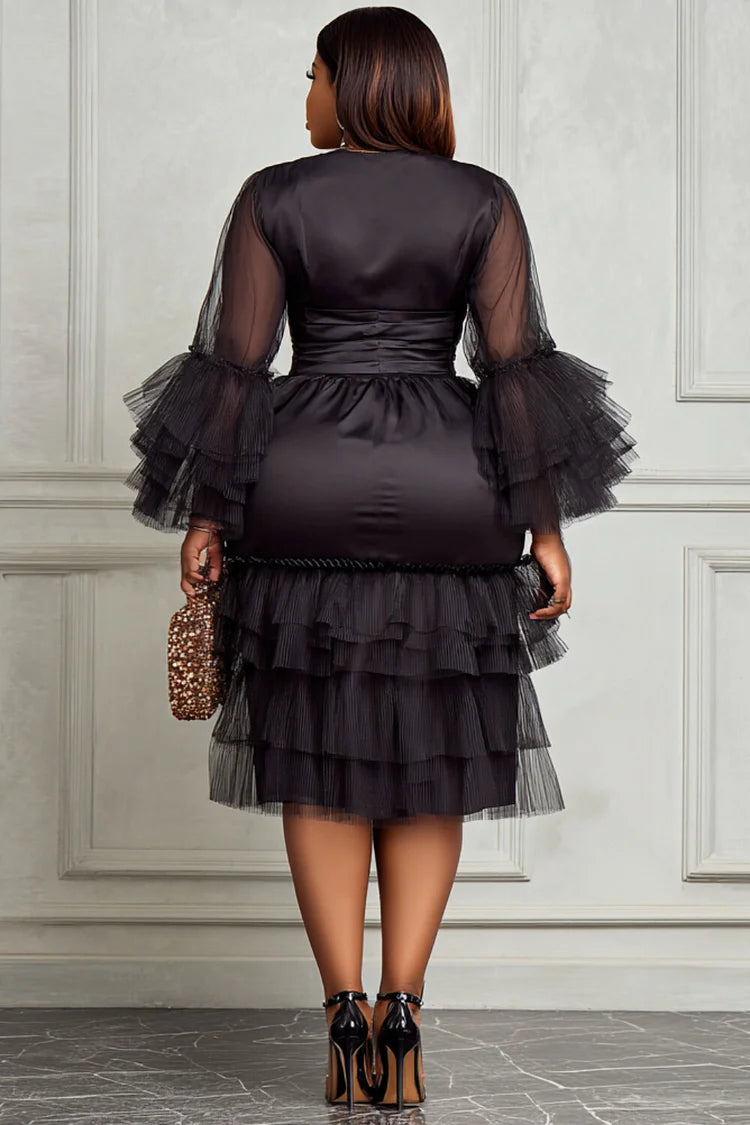 Cocktail Party Black Round Neck Flare Long Sleeve Ruffle Tulle Midi Dress