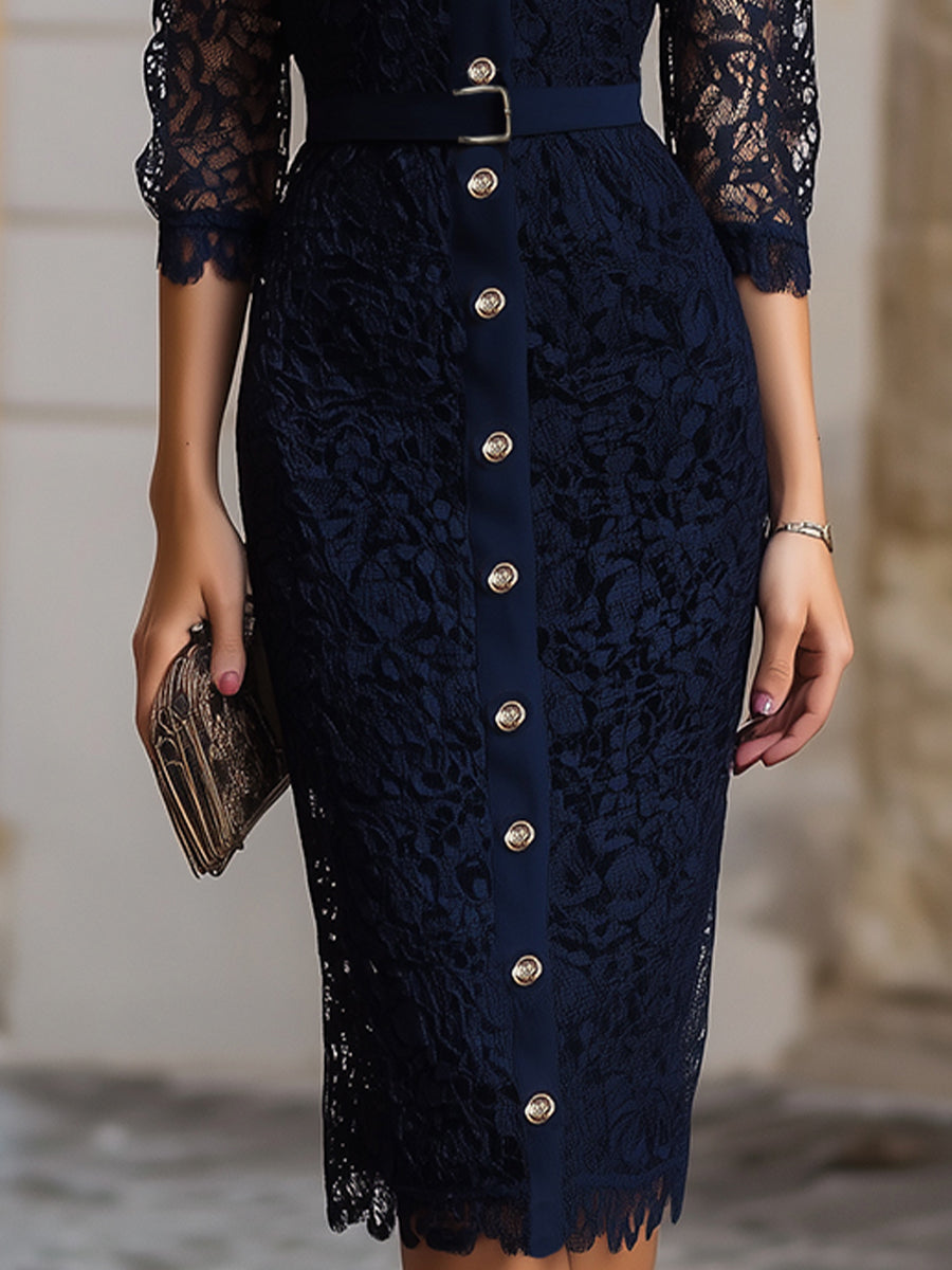 Elegant Lace Button-Front Midi Dress With White Collar