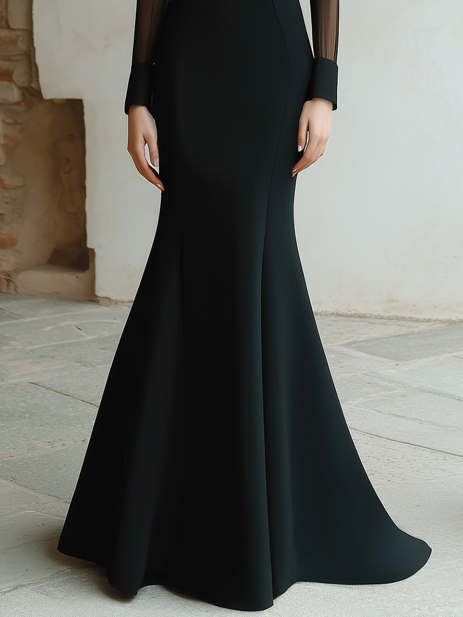 Black Mesh Sleeve Evening Gown