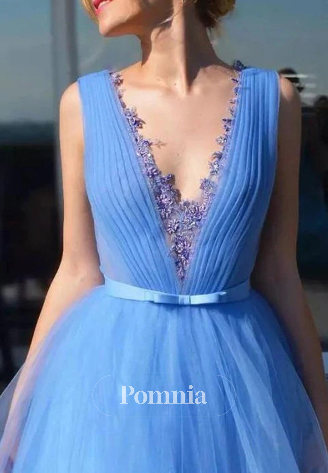 Blue Jay Spaghetti Straps V-Neck Empire-Waist Lace Prom Dress