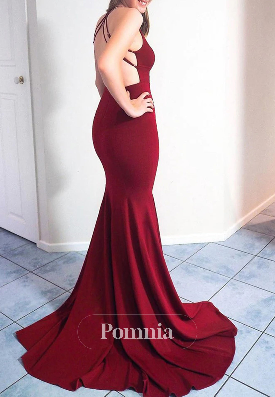 Burgundy Spaghetti Straps Sleeveless Backless Mermaid Prom Dress