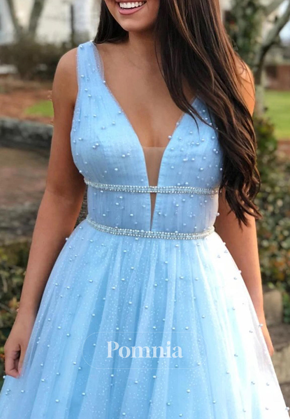 Sky Blue Spaghetti Straps V-Neck Corset Prom Dress