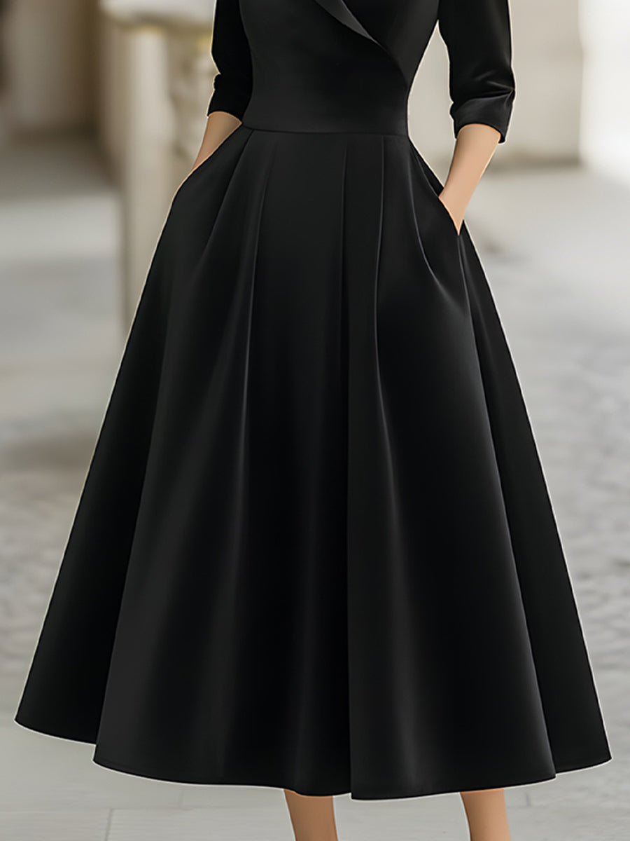 Elegant Velvet Midi Dress With Satin Lapel