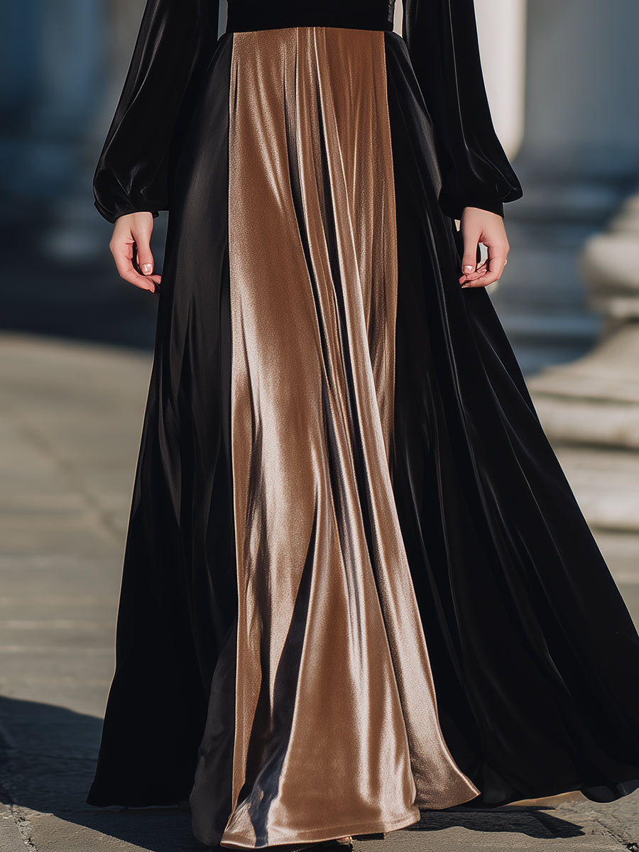 Bronze And Black Velvet Plunge Gown With Long Sleeves