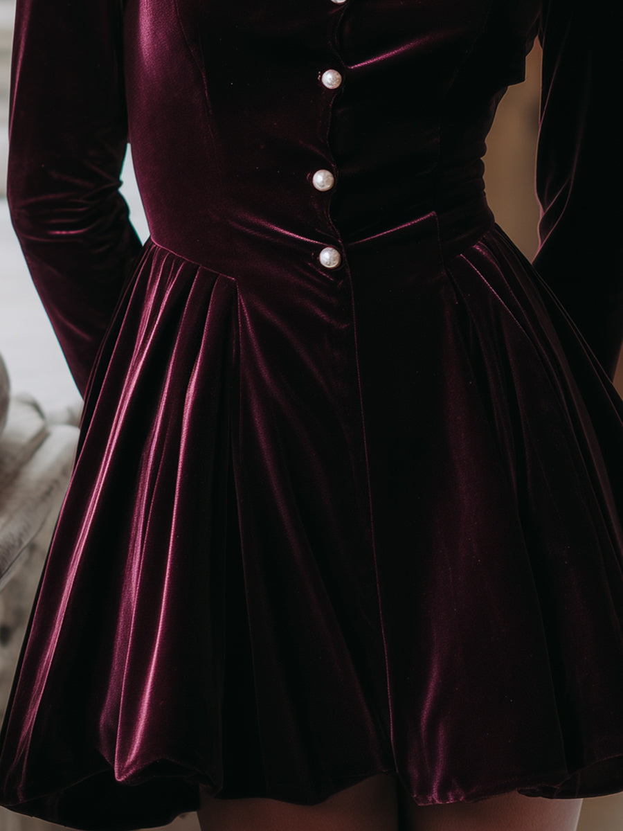 Regal Velvet Pearl-Button Fit-and-Flare Dress