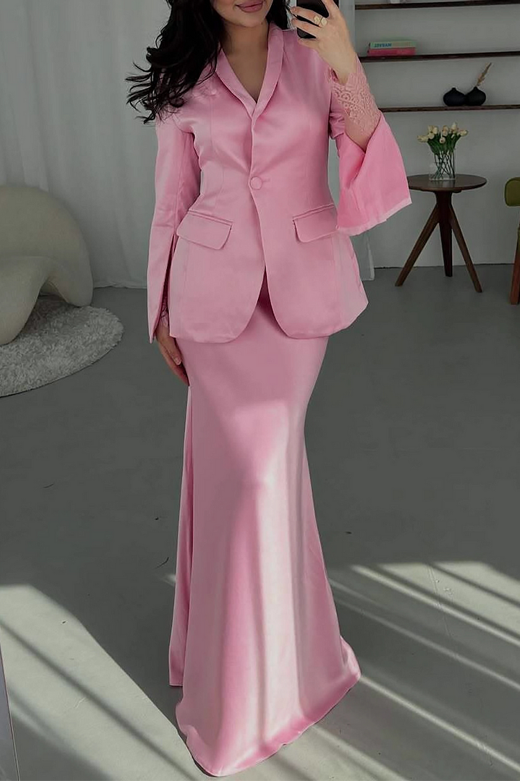 V Neck Slit Long Sleeve Blazer Solid Color Satin Maxi Dress
