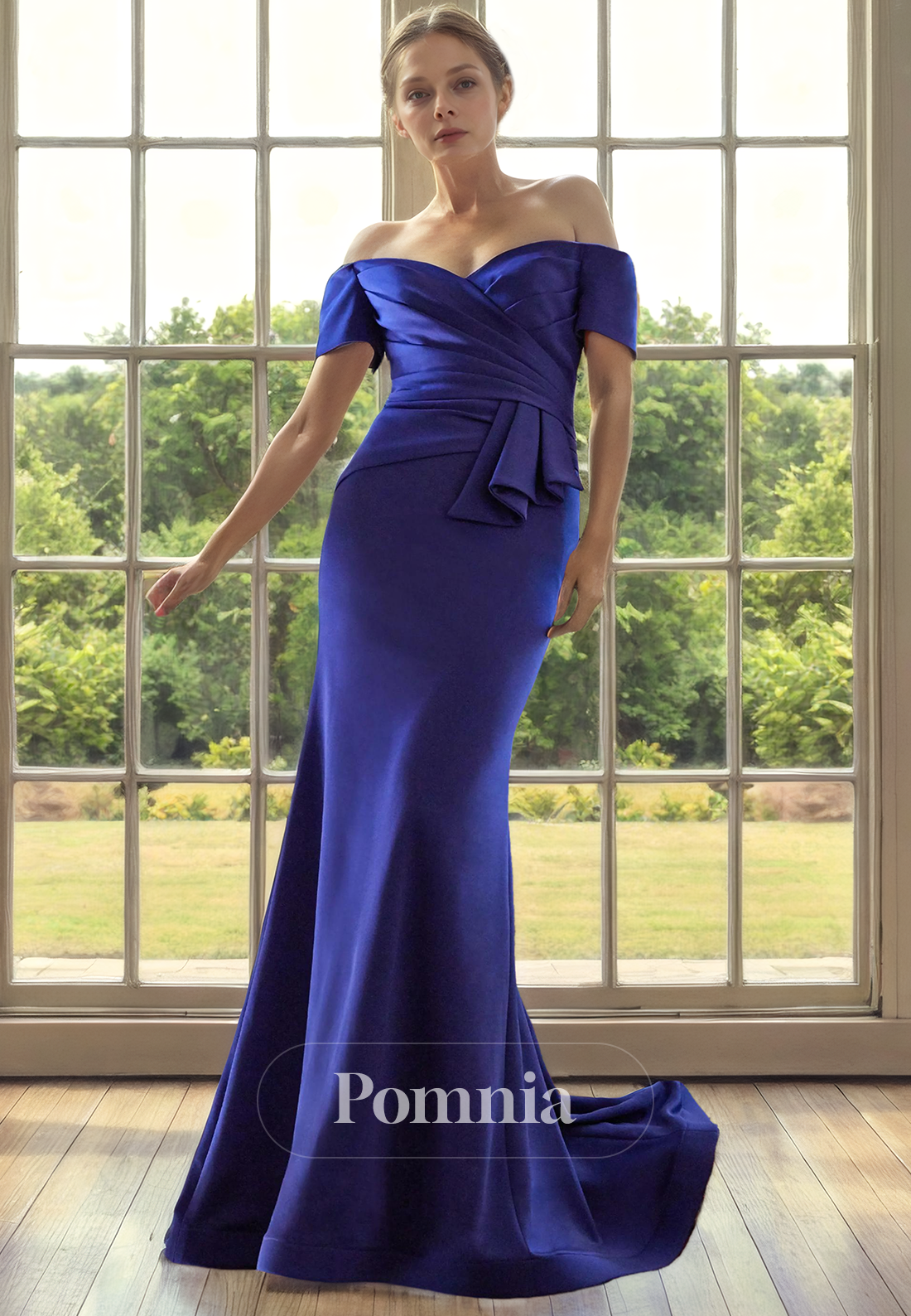 Off-Shoulder V-Neck Cap Sleeves Empire-Waist Satin Long Mother of Bride Dress