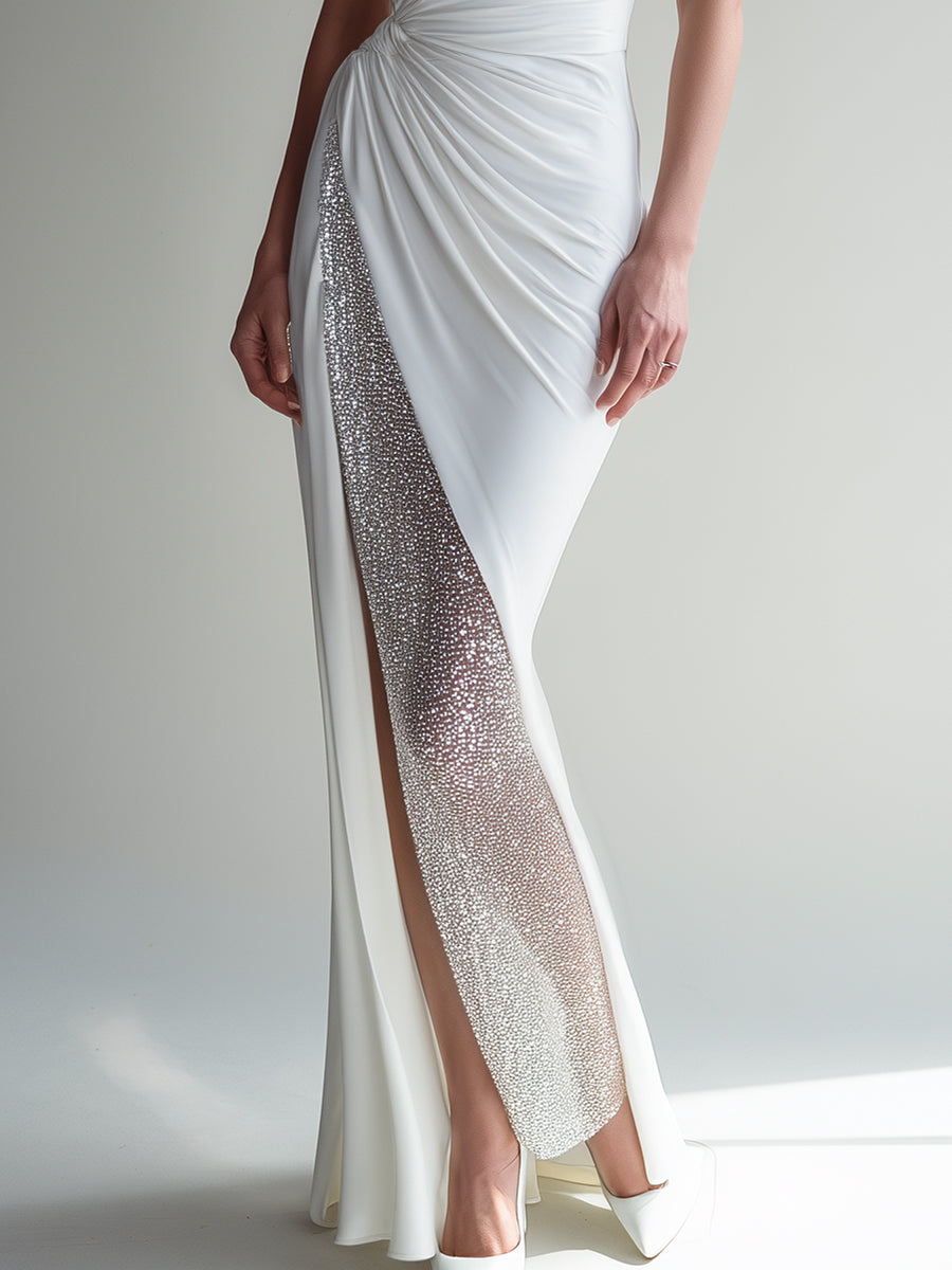 White Crystal-Embellished Ruched Side-Slit Gown