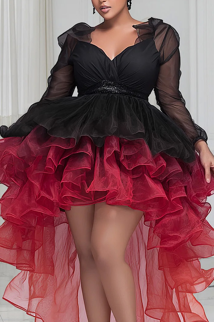 Party Black Gradient V Neck Long Sleeve High Low Hem Elegant Ruffle Tulle Mini Dresses