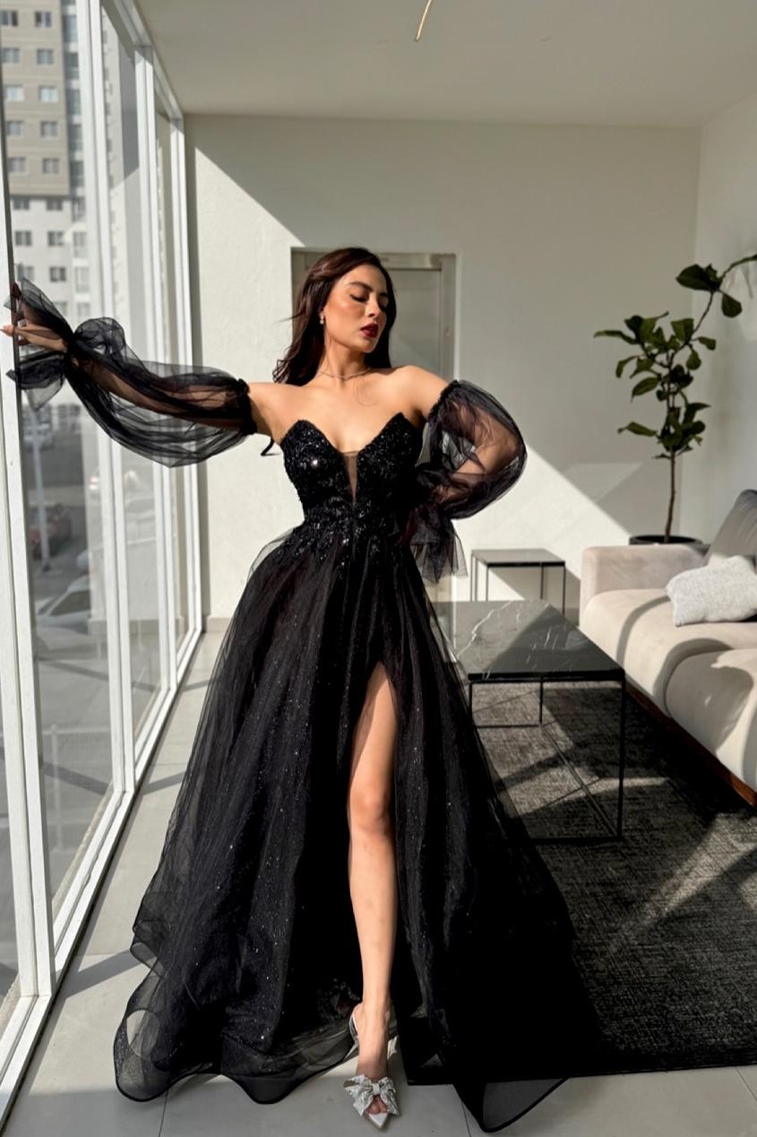 Strapless Deep V Neck Long Split Prom Dress With Appliques Detachable Sleeves