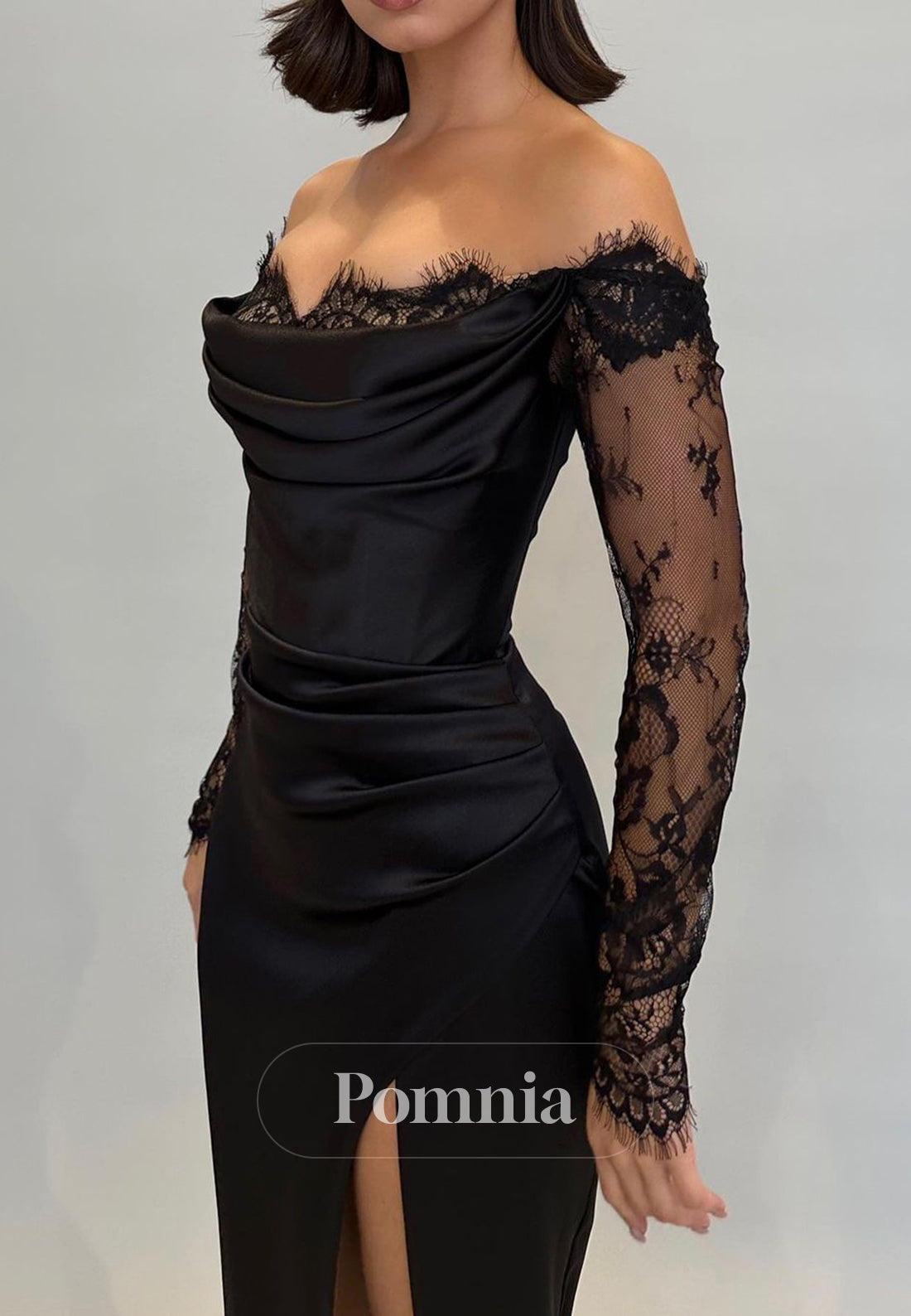 Black Long Sleeves Off-Shoulder Prom Dress with Slit Corset Evening Party Dress
