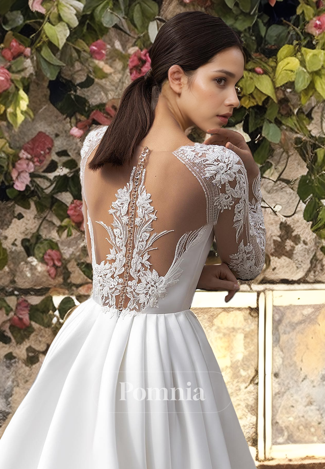 P3063 - A-Line Long Sleeves Pleated Appliques Long Train Empire-Waist Beach Wedding Gown