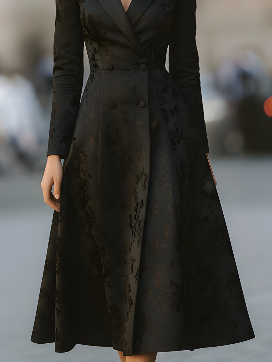 Black Floral Brocade Double-Breasted Coat Dress