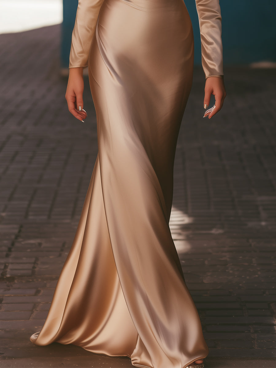 Luxurious Off-Shoulder Satin Evening Gown With Cowl Neckline