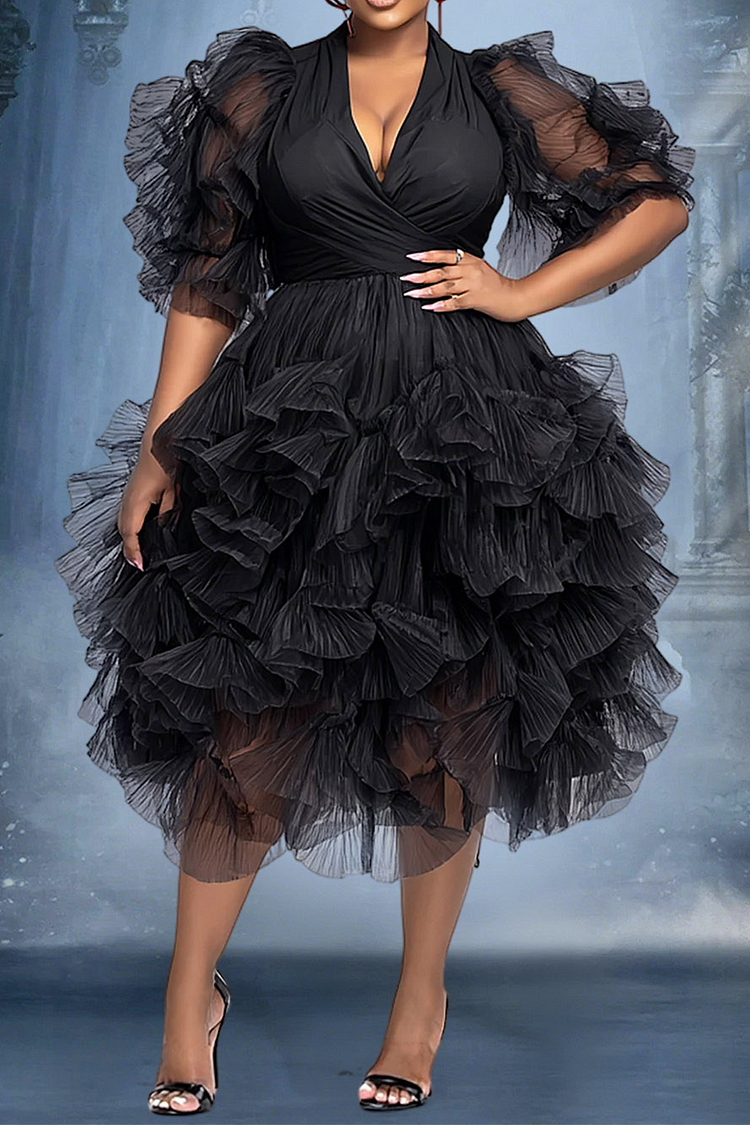 Cocktail Party Black V Neck Puff Sleeve Short Sleeve Tiered Elegant Ruffle Tulle Midi Dresses