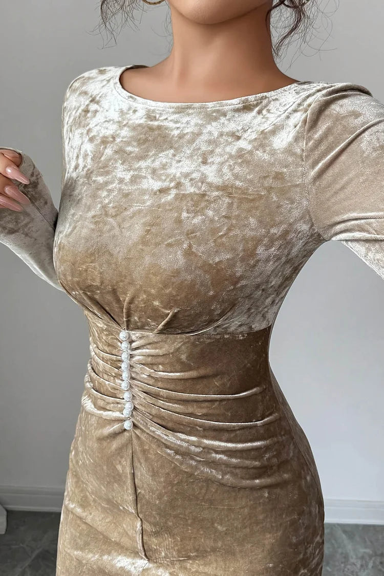 Pearl Decor Ruched Pleated Round Neck Long Sleeve Velvet Party Maxi Dress