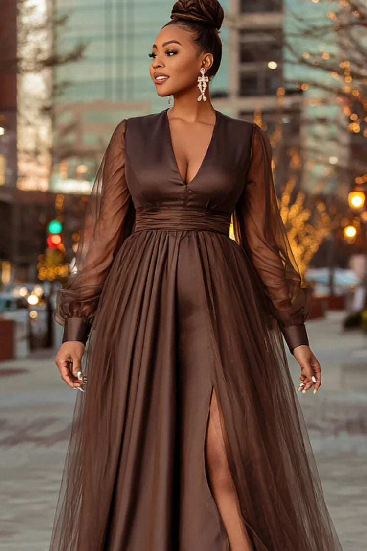 Formal Satin Brown V Neck Lantern Sleeve Long Sleeve Split Tulle Maxi Dress