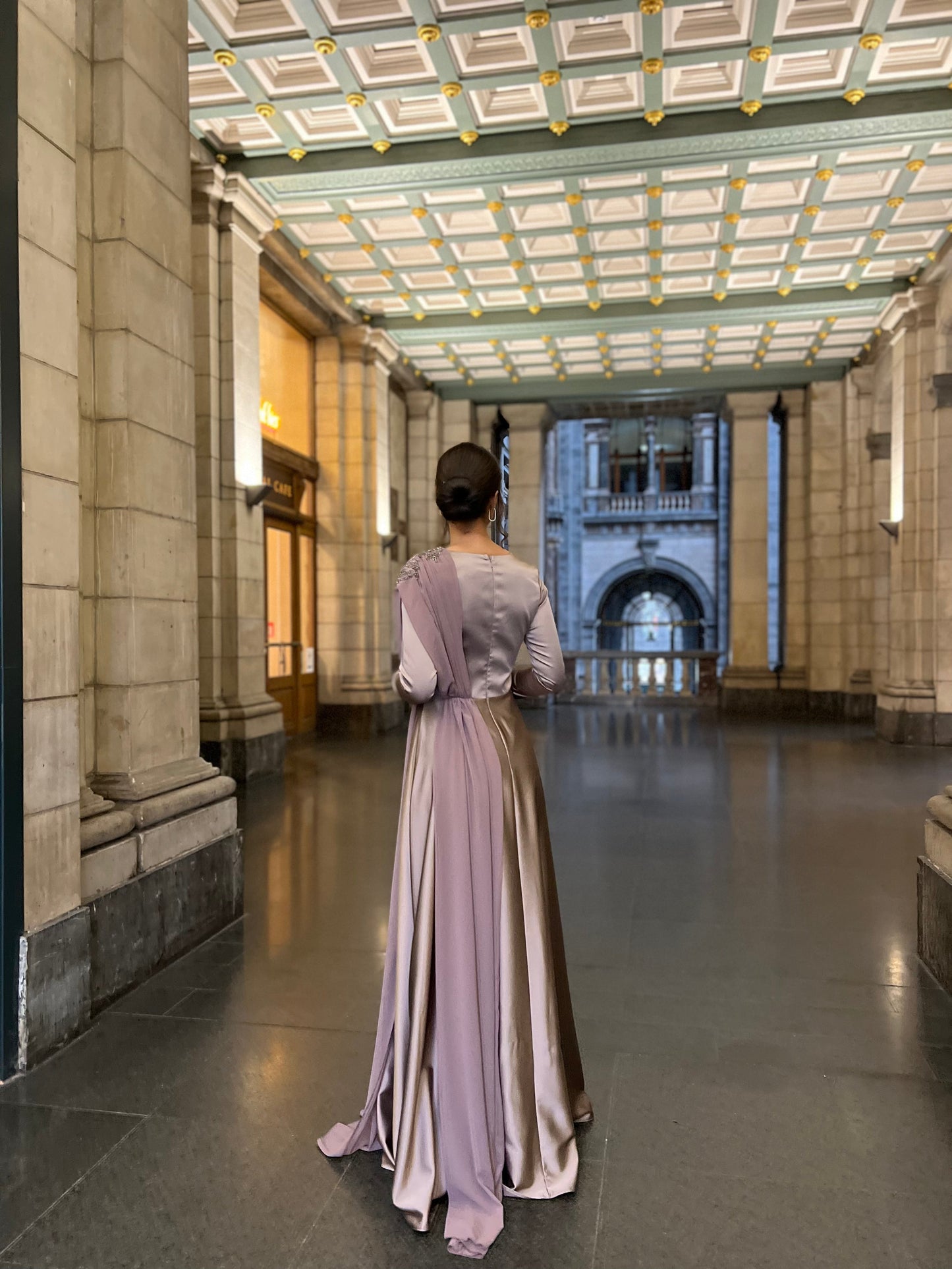 Purple Bateau Neck Long Sleves Back Zipper Formal Evening Gown