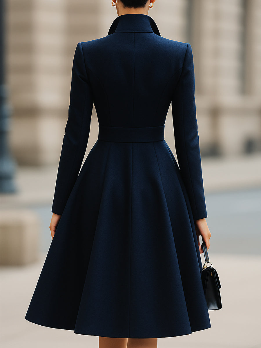 Elegant Navy Blue Tailored Fit Flared Coat Dress