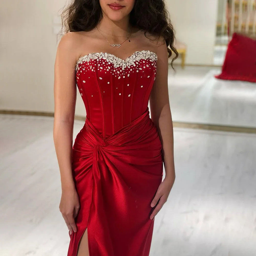 Red Strapless Beaded Mermaid Luxury Dubai Evening Gown