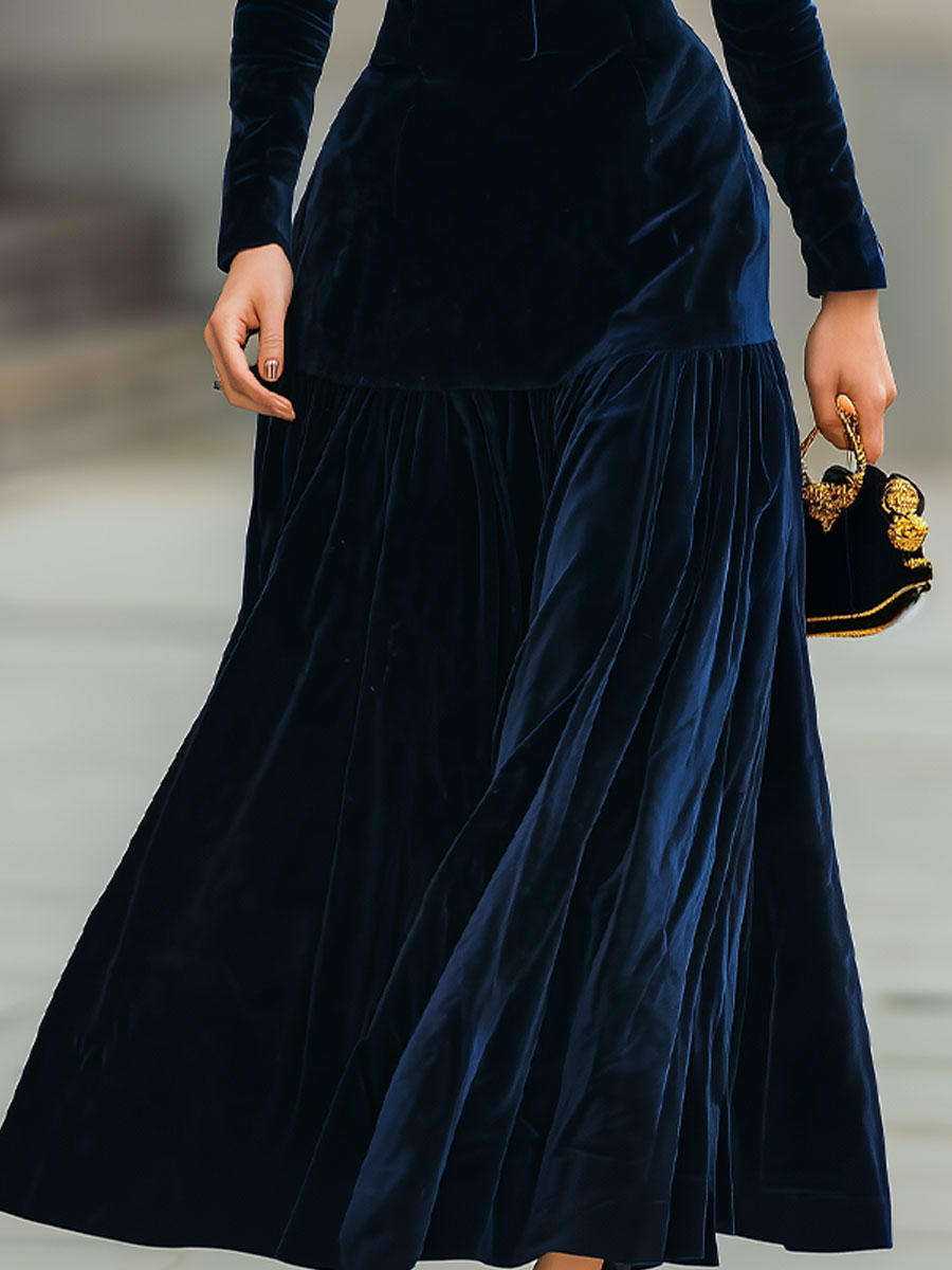 Regal Navy Velvet Dress With Pleated Hem