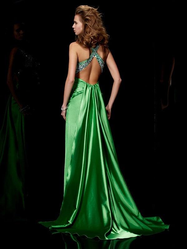 Sheath Column Straps Sleeveless Beading Long Elastic Woven Satin Dresses